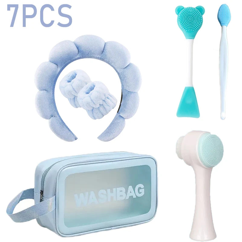 7-piece beauty makeup set, makeup tool kit, including 3-piece headband set, facial cleanser and facial cleaning tools, etc.