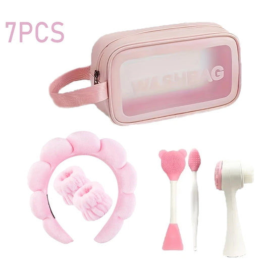 7-piece beauty makeup set, makeup tool kit, including 3-piece headband set, facial cleanser and facial cleaning tools, etc.