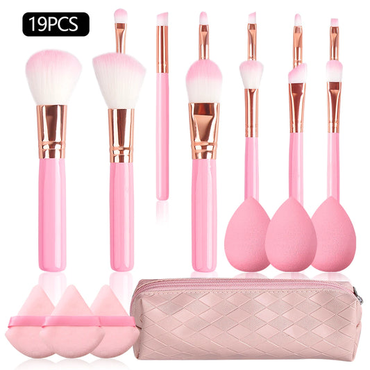 19PCS set of 12 beginner makeup brushes +3pcs non-powder makeup eggs +3pcs triangular powder puff +1pcs storage bag